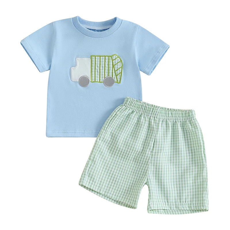 Baby Boy Casual Outfit Dinosaur Print Short Sleeve T-Shirt Denim Shorts 2Pcs Set for Summer Beach Vacation