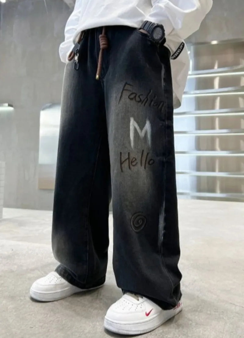 Boys' Trendy Streetwear Jeans for Spring/Fall - Loose Fit Straight-Leg Wide-Leg Denim Pants for Boys 8-14