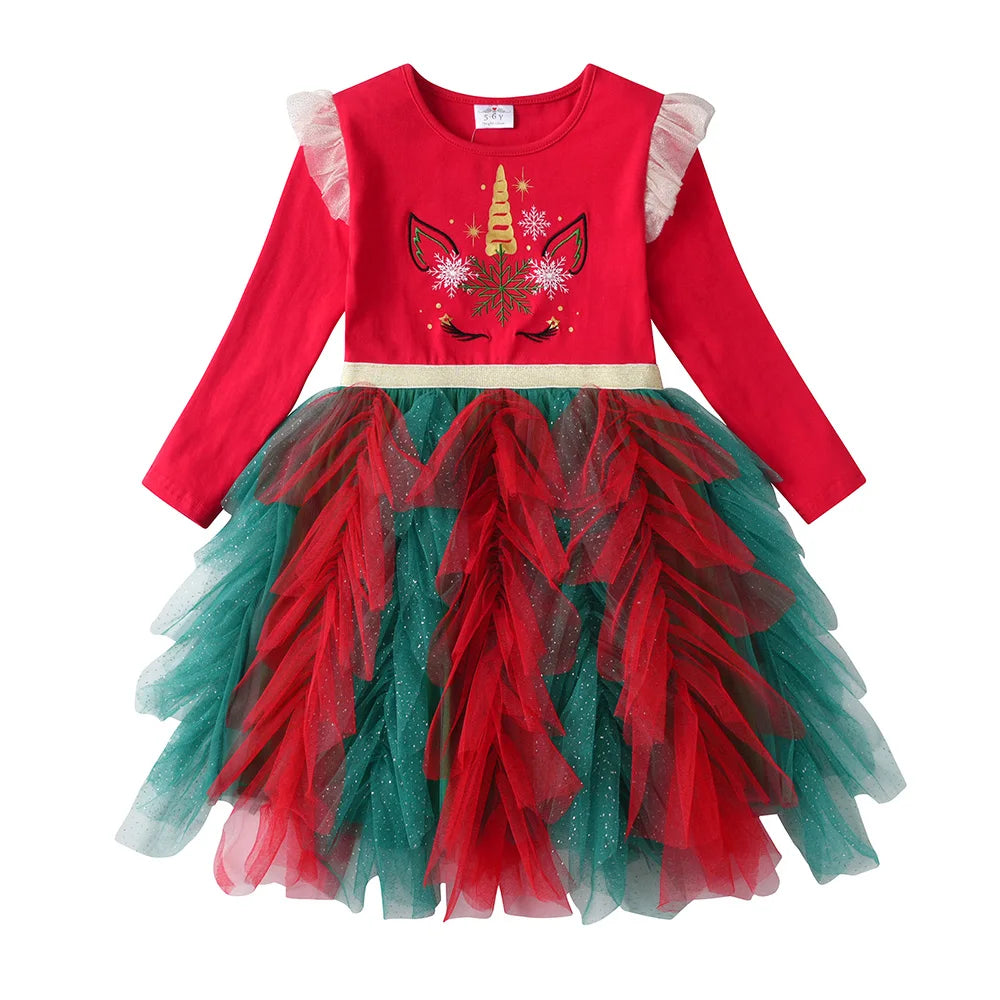 VIKITA 2025 New Girls Christmas Green Red New Year Princess Tutu Dress Kids Unicorn Snowflakes Autumn Winter Party Prom Gown