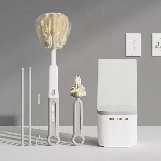 Baby Silicone Bottle Brush Set with Stand Baby Cleaning Brush Travel Size Drain Rack Long Handle 3 in 1 Multipurpose
