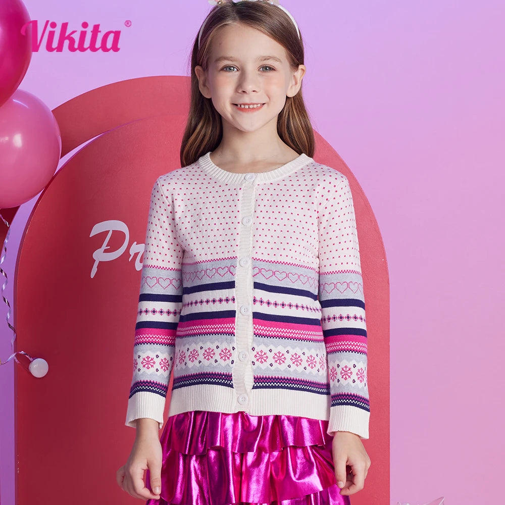 VIKITA Teenagers Cardigans Girls Snowflakes Heart Shape Striped Casual Fashion Cute Sweaters Kids Coat Outer Wear Tops Costumes