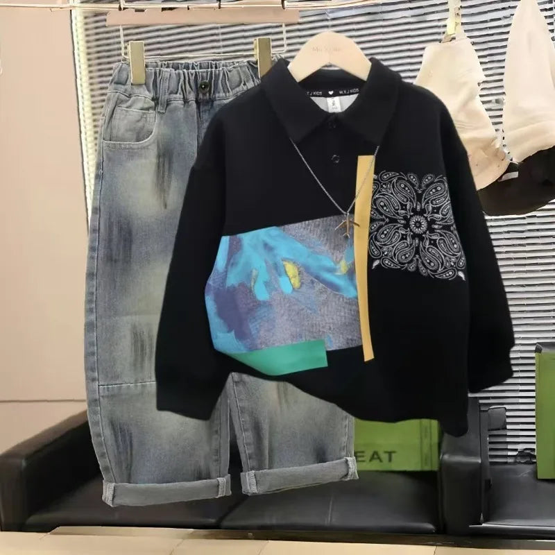 Boys' Medium-Large 2025 New Spring/Autumn No Hood Street-Style Casual Polo Collar Layering Top Trendy Kids Sweatshirt