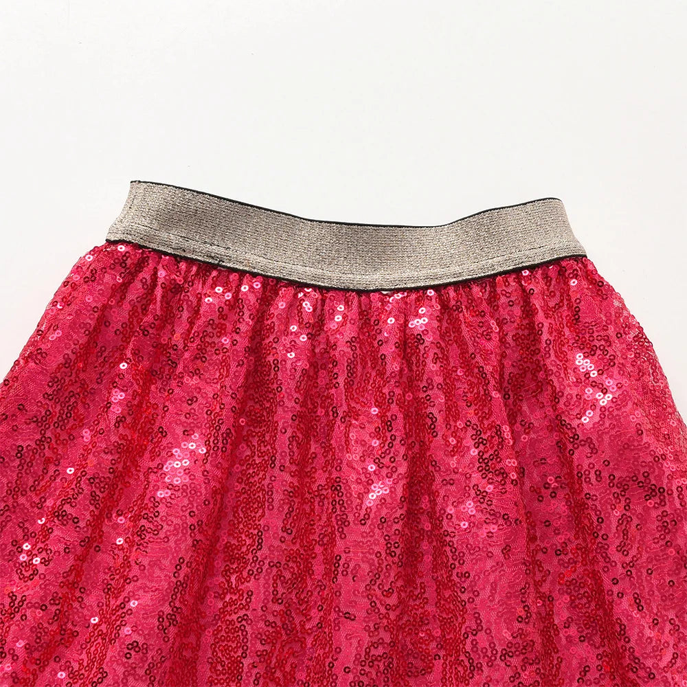 VIKITA Girls Sequined Appliqued Skirts Kids Red Performance Stage Birthday Party Prom Gown Princess Mini Skirt Children Clothing