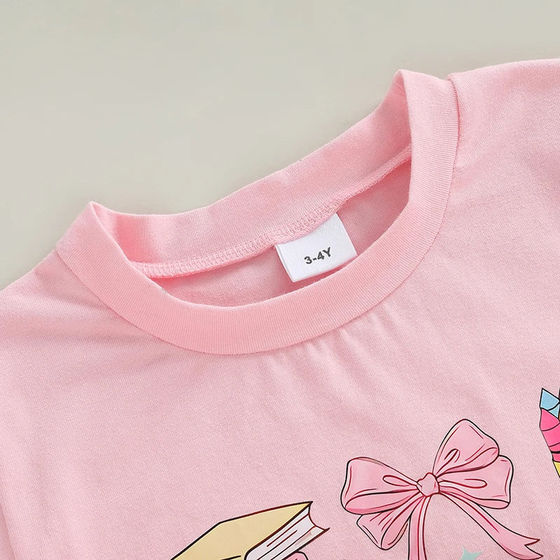 Girls Short Sleeve Crew Neck T-Shirt with Fun School Print Loose Fit Top for Spring and Summer Cute and Comfortable