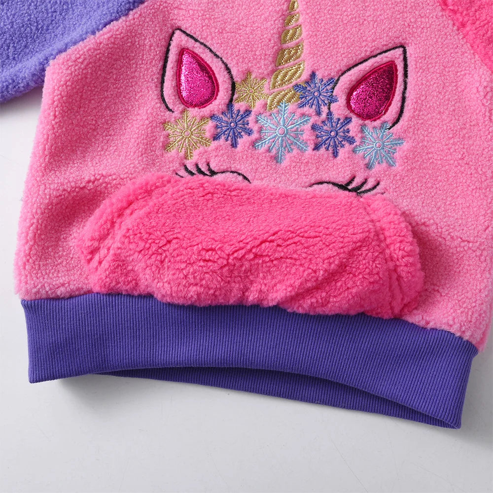 VIKITA Girls Fleece Sweatshirts Kids Autumn Winter Unicorn Appliqued Long Sleeve Sports Casual Outwear Children's Tops Pullover