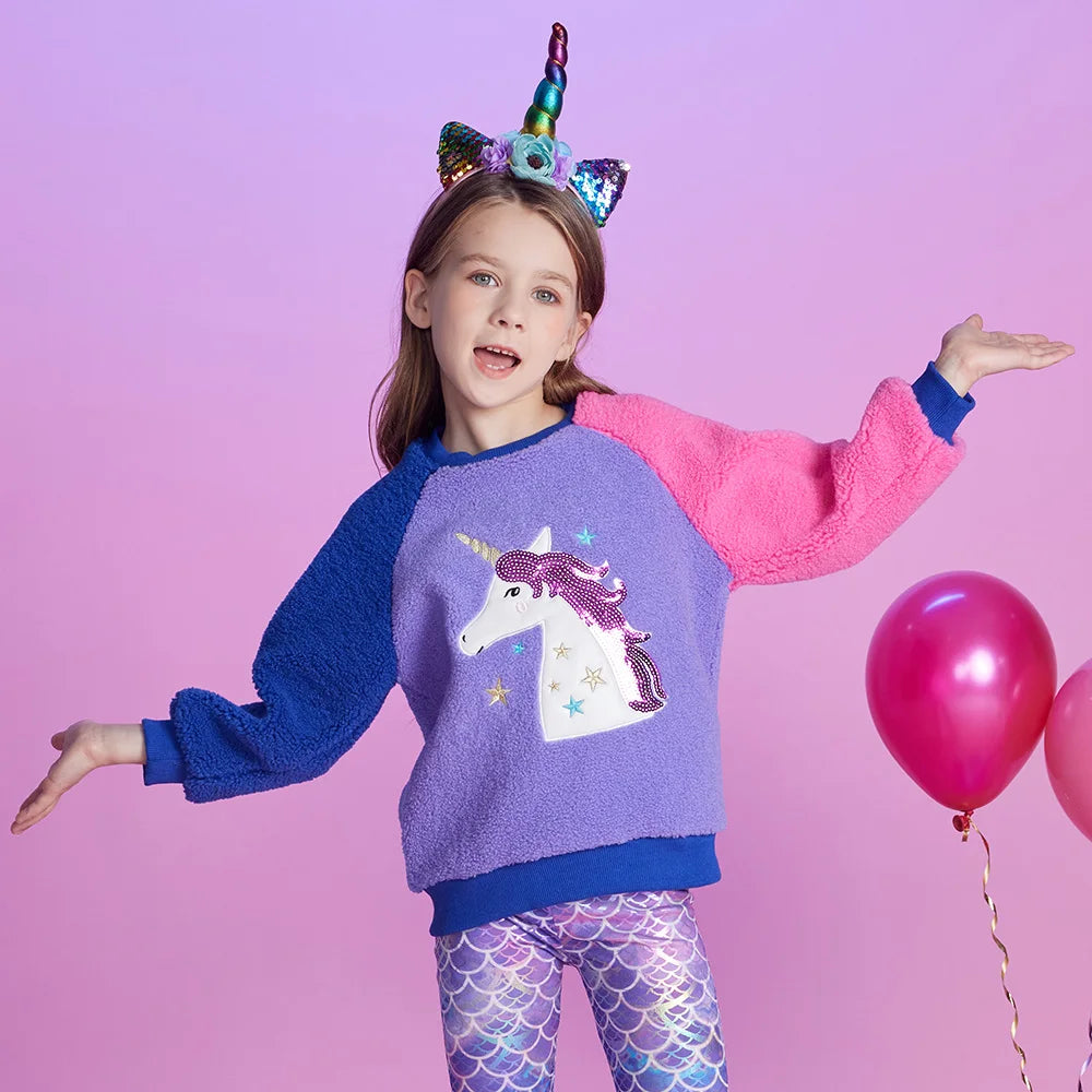 VIKITA Kids Fleece Thick Sweatshirt Girls Unicorn Sequined Cartoon Pullover Outerwear Kids Autumn Winter Warm Sports Sweatshirts