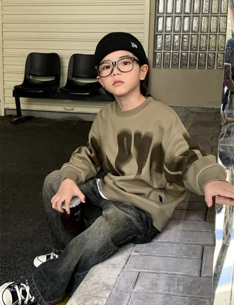 Boys' Medium To Large 2025 New Arrival No Hood Crewneck Spring/Autumn Trendy Street Style Kids Sweatshirt