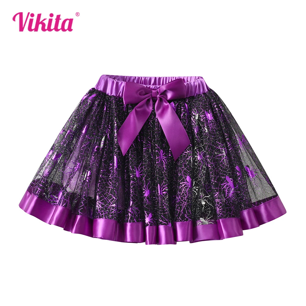 VIKITA Girls Halloween Festival Cosplay Skirt Kids Cobweb Purple Mesh Tulle Ruffles Party Princess Mini Skirts Children Clothes
