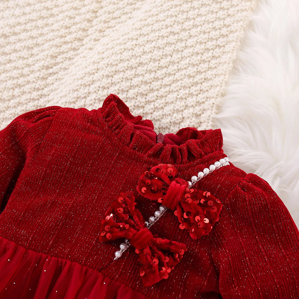 Autumn And Winter New Red Sequin Bow Baby Girl Dress, Princess Style Children'S Clothing With Free Sequin Pendant (0-3 Years)