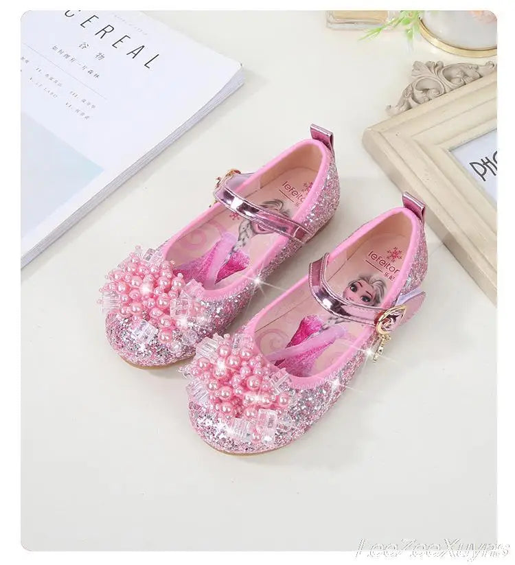 Disney Girls Princess Shoes Soft Sole Little Girl Frozen Children Crystal Casual Shoes Flat Leather Show Dance Shoes Size 22-36