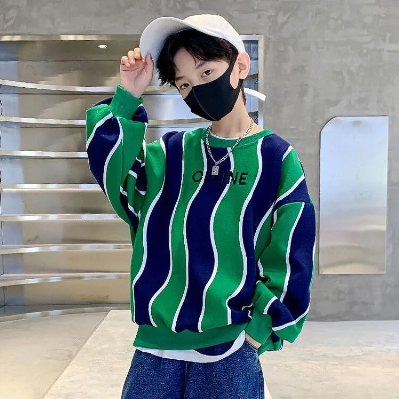 Boys' Medium-Large 2025 New Arrival No Hood Fleece-Lined Spring/Autumn Trendy Cool Kids Sweatshirt