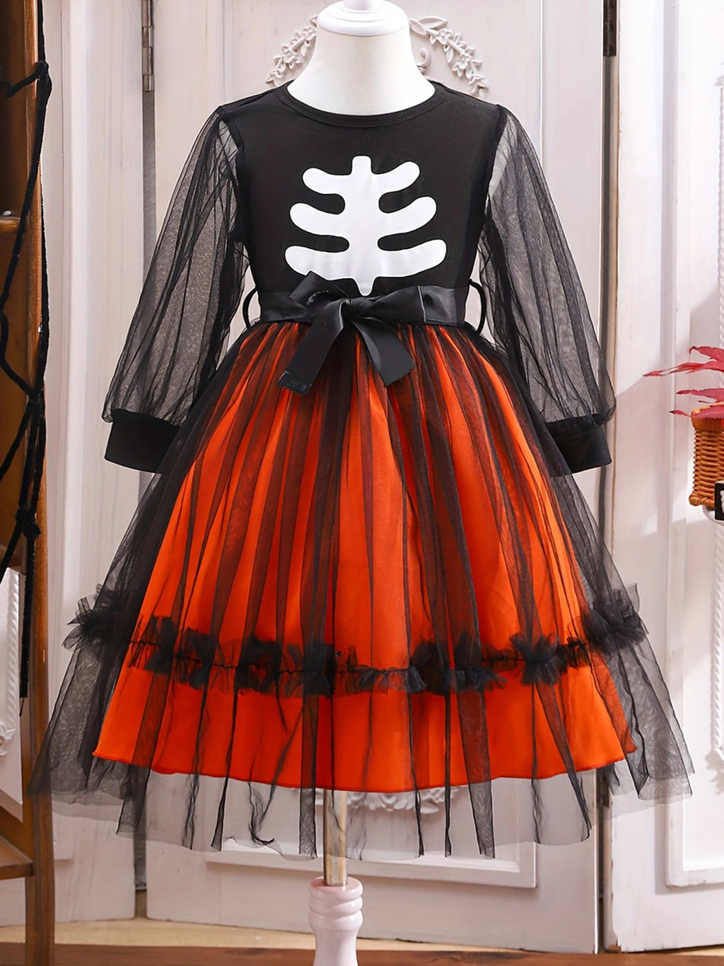 Girls Halloween Costume Dress Skeleton Print Long Sleeve Crew Neck Tulle Patchwork Fall Dress for Kids Party Wear