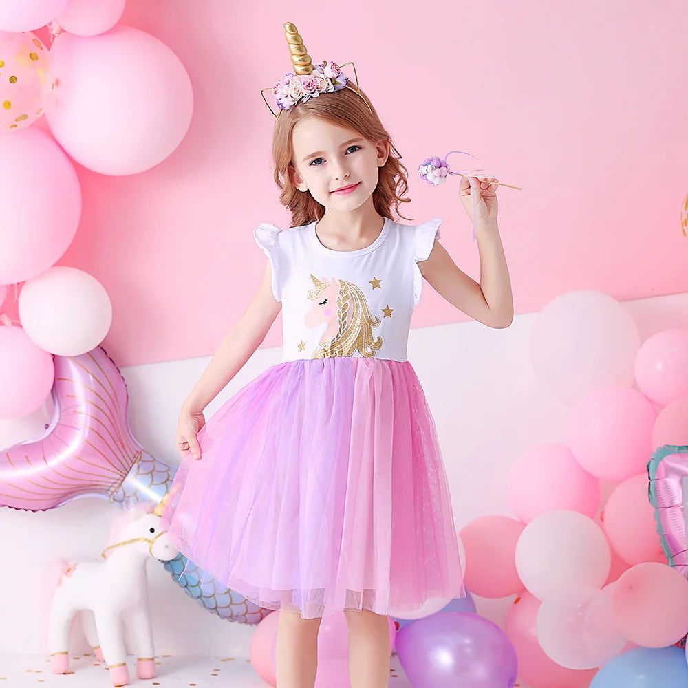 VIKITA Girls Flare Sleeve Summer Vestidos Girls Licorne Print Cartoon Patchwork Dress Girl Party Princess Cute Mesh Tulle Dress