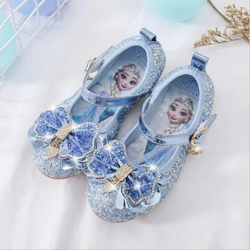 Disney Girls Princess Shoes Soft Sole Little Girl Frozen Children Crystal Casual Shoes Flat Leather Show Dance Shoes Size 22-36