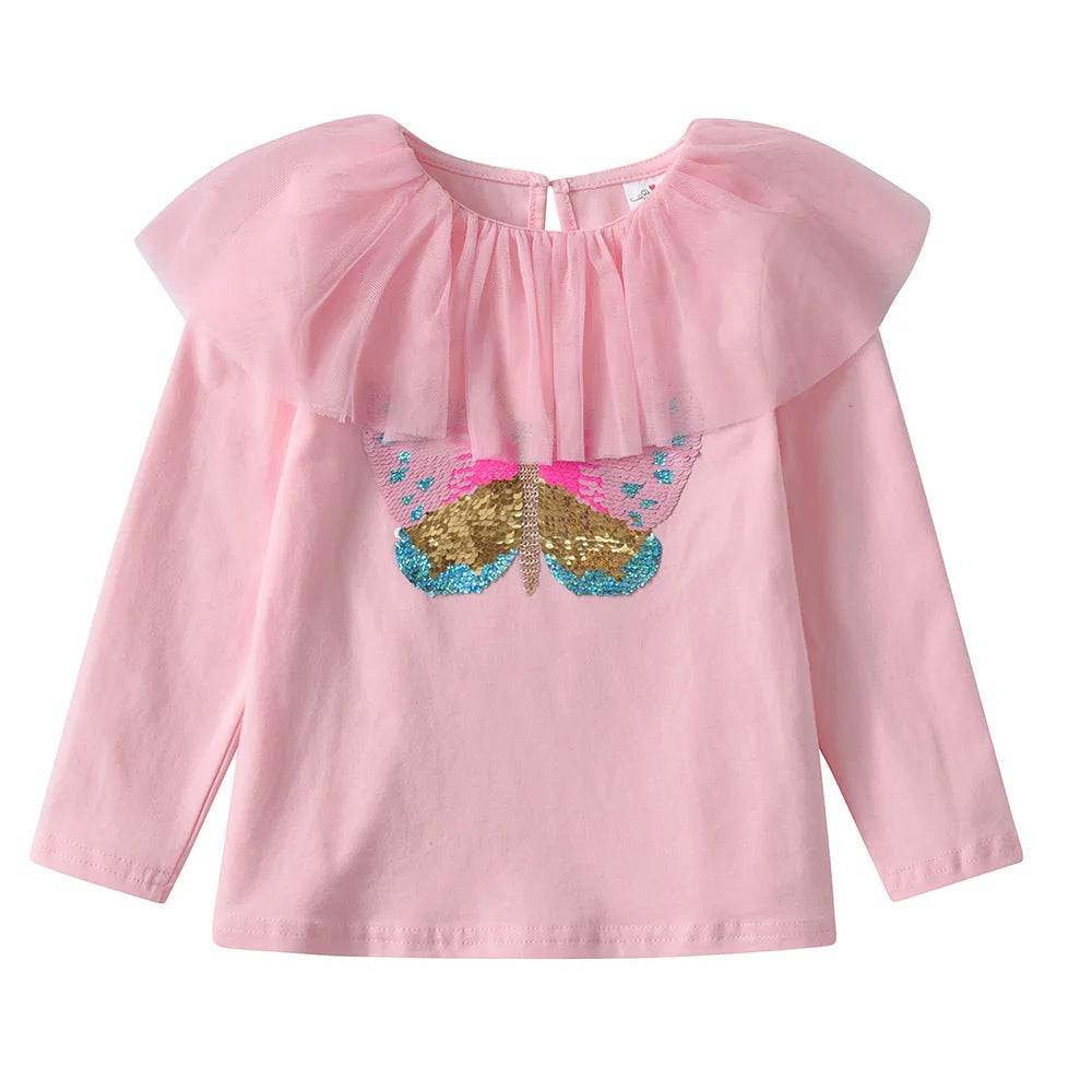 VIKITA Kids Long Sleeve Cotton Casual Pink T Shirt Girls Butterfly Sequined Appliqued Fairy Elf Cute Tops and Tees Kids Clothes