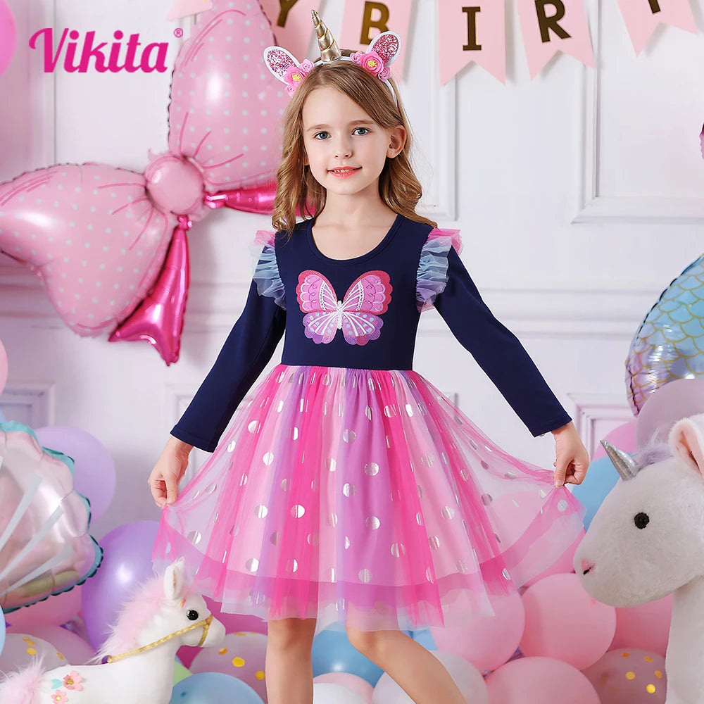 VIKITA Toddlers Polka Dot Colorful Butterfly Ruffled Sleeved Dress Kids Gradient Pink Mesh Tulle Princess Birthday Party Frocks