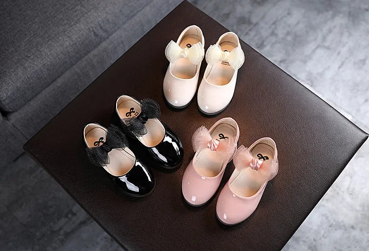 Kids Leather Girls Shoes Shining Shell Princess Shoes for Baby Party Wedding Children Lace Bow Spring Summer Dress Shoes F03111
