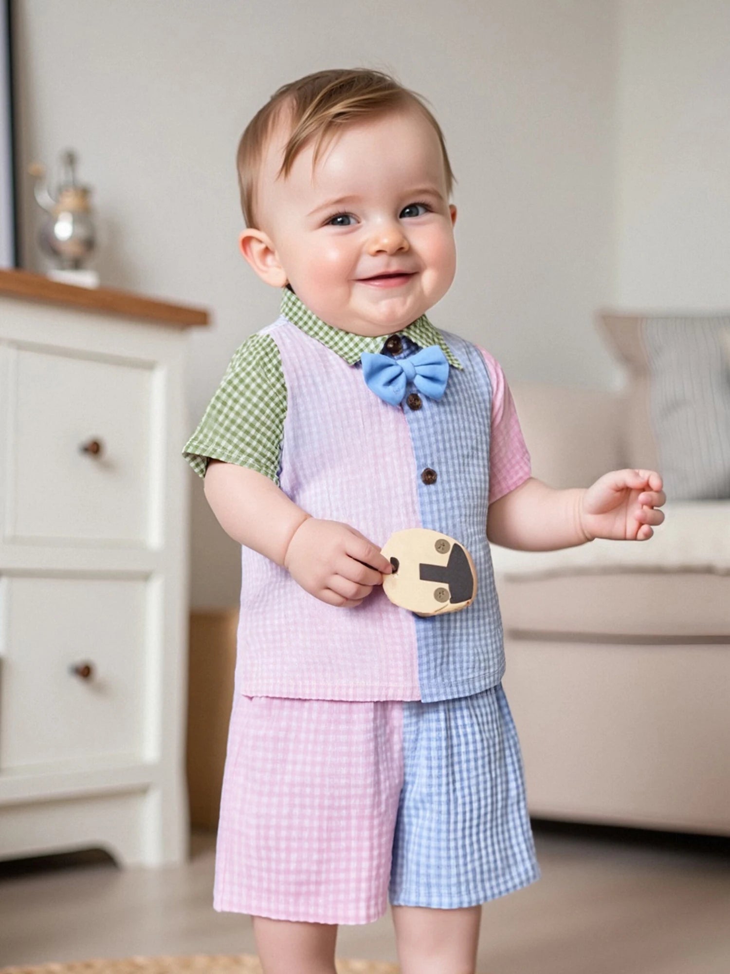 Toddler Boys Summer Outfit Striped Short Sleeve Shirt with Drawstring Waist Shorts Set Kids Casual Plaid Clothing