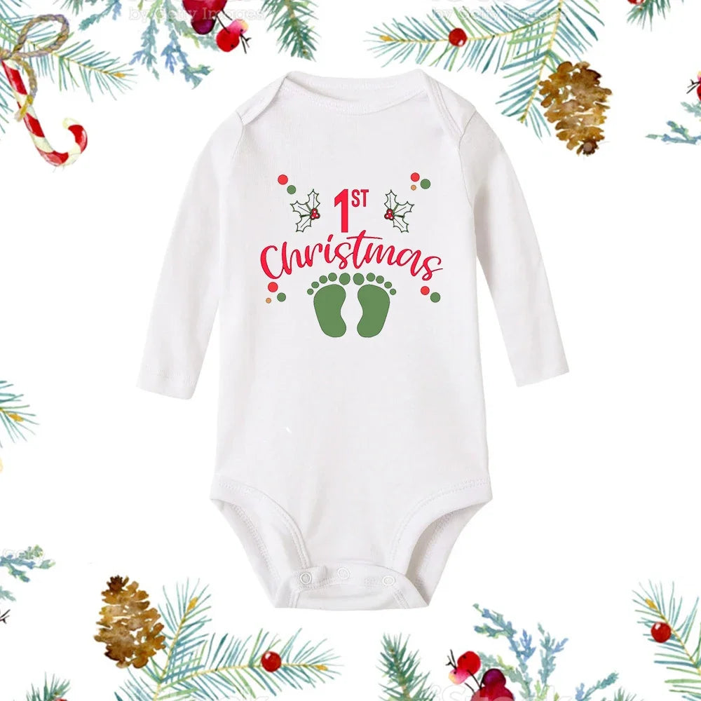 My First Christmas Newborn Baby White Long Sleeve Romper Cartoon Snowman Print Outfit Infant Baptism Bodysuit Clothes Xmas Gift