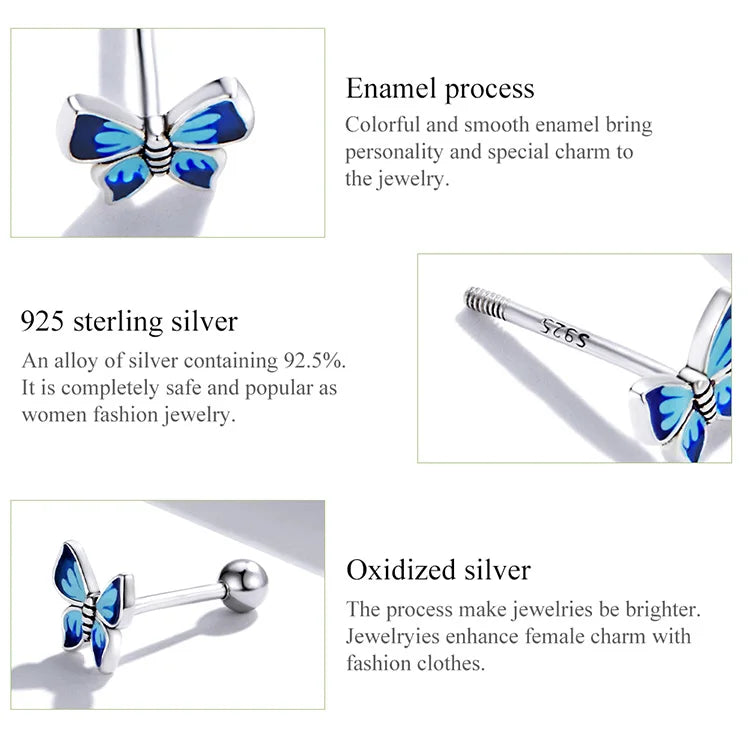 Bamoer 925 Sterling Silver Luxury Girl Earrings Rainbow Butterfy Cute Fancy Funny Ear Stud Original for Women Party Fine Jewelry