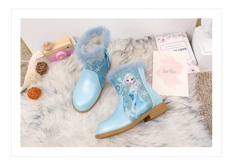 Disney Girls' Boots Winter Fashion Frozen Elsa Princess Children's Short Girls' Cotton Fur Ankle Boots Girls' Pink Shoes Size 25