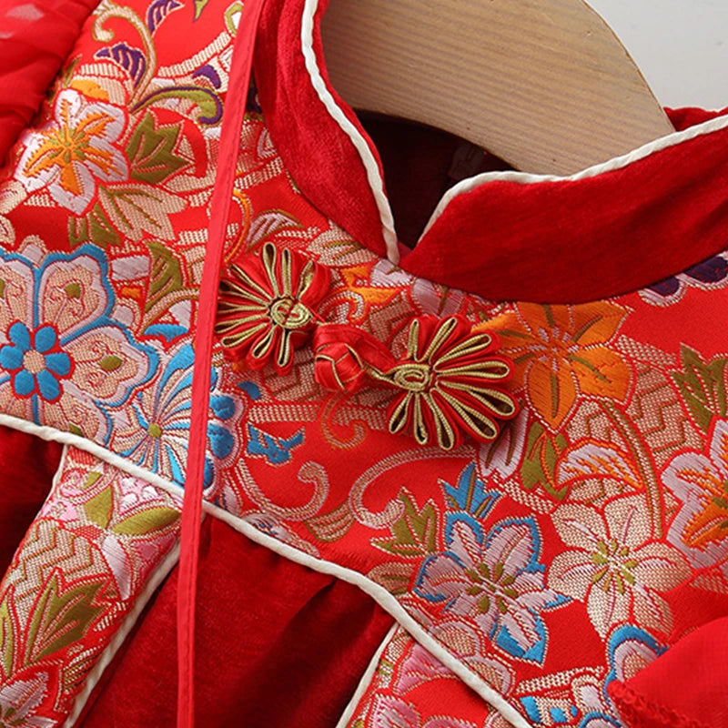 New Winter Embroidered Baby Girl Dress, Retro Style Children'S Clothing For Spring Festival Parties+Red Envelope Bag Giveaway