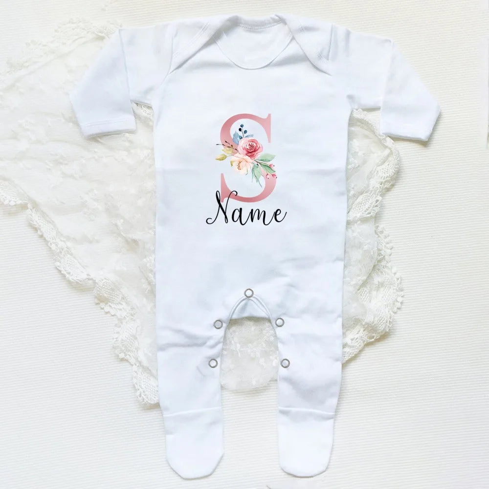 Personalised Babygrow Sleepsuit Flower Initial Infant Romper Baby Coming Home Outfit Newbron Shower Gift Baby Girls Sleepsuit