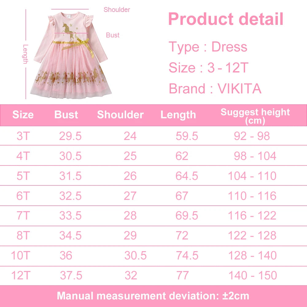 VIKITA Girls Pink Long Sleeve Dress with Glittery Golden Unicorn Kids Ruffled  Sleeve Tulle Mesh Skirt Princess Party Prom Gown
