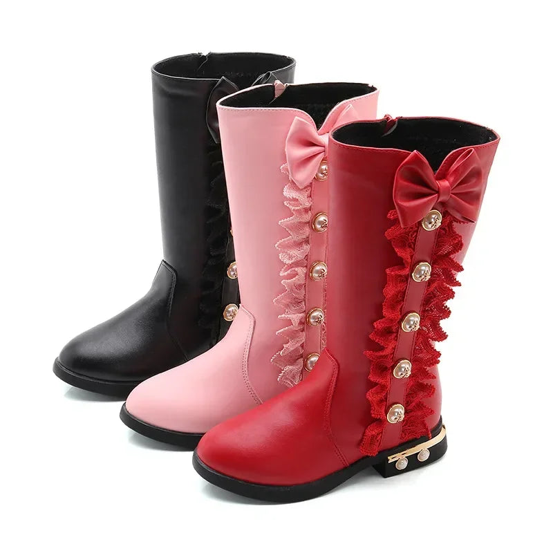 Girls Boots Autumn Winter Kids Princess Boots Lace Pearls with Bow-knot Sweet Warm Cotton Fur Lining Children Long Boots High