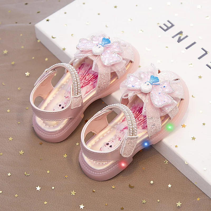 Kids'Sandalsl Led Light Elsa Princess Frozen PU Leather Sequin Pearl Summer Shoes Anti-slip Breathable Pink Blue Size 22-32