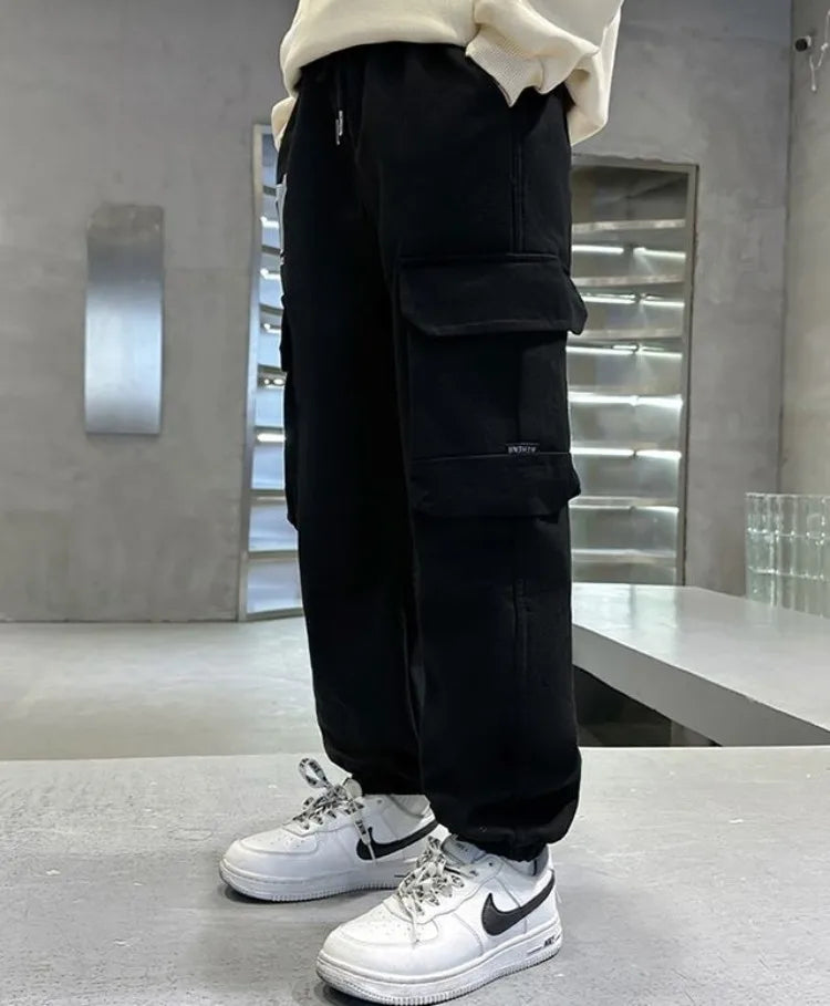 Boys Cargo Pants Spring Autumn Fleece-Lined Kids Casual Loose Long Pants Stylish Warmth Outdoor Playwear