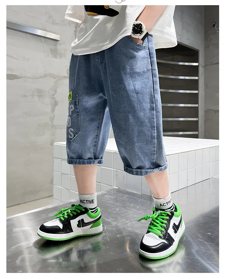 2024 New Teenage Boys Denim Shorts 4-10 Years Summer Fashion Letter Printed Soft Trousers For Kids Children Casual Pants
