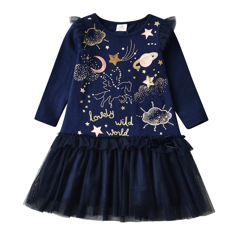 VIKITA Girls Sequined Appliqued Dress Kids Long Sleeve Autumn Spring Patchwork Dresses Girls Cotton Casual Straight Vestidos