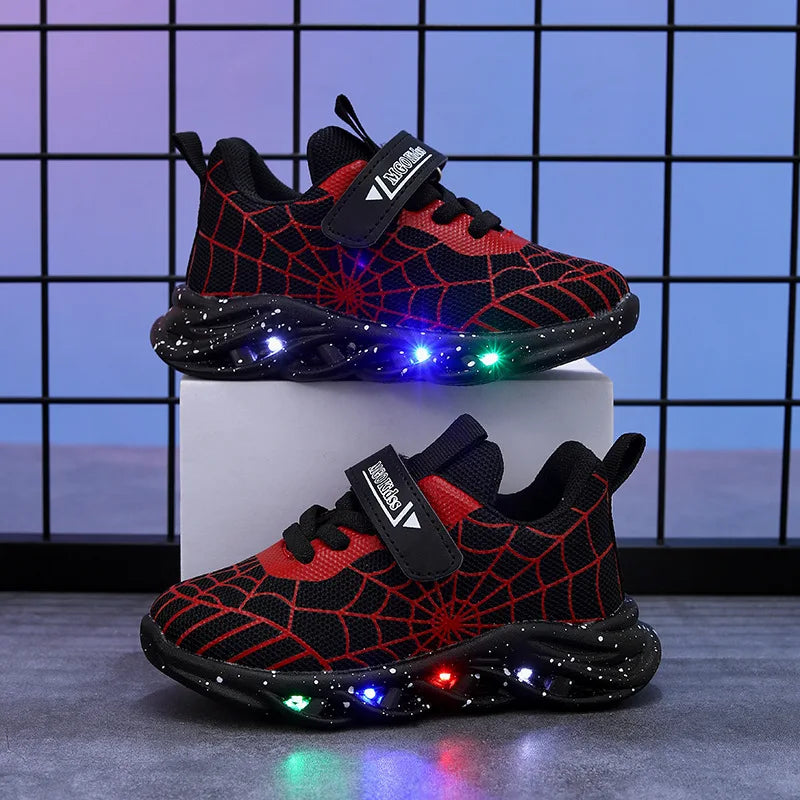 Disney LED Casual Sneakers Spider-Man Red Black For Spring Boys Mesh Outdoor Shoes Children Lighted Non-slip Shoes Size 21-30