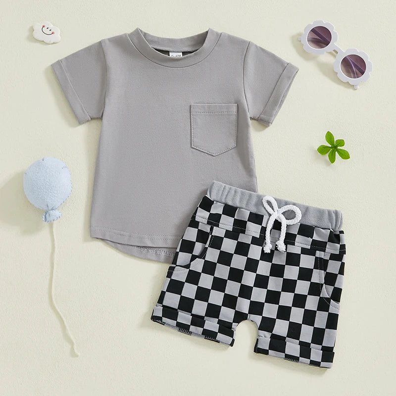 Cute Infant Boy Casual Wear Solid Color Tee and Plaid Shorts Set for Hot Weather 2 Piece Outfit for Toddlers