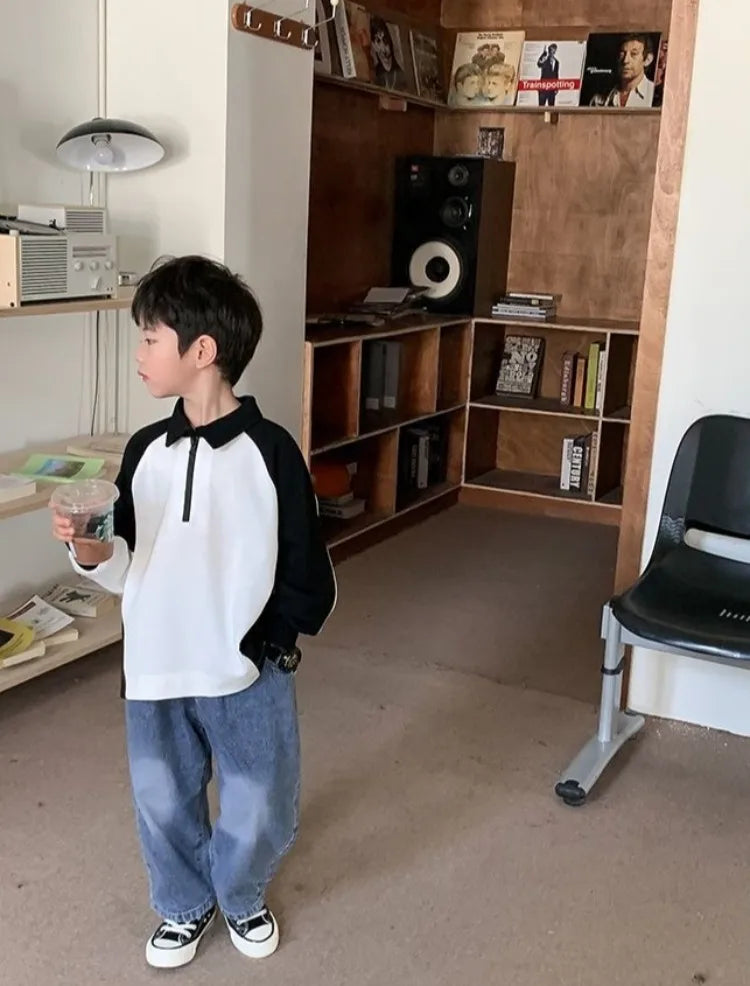 Boys' 2025 Spring/Autumn New Arrival Cotton Punk-Style Street-Savvy Trendy Polo Collar Sweatshirt - Stylish Baby Boys' Top