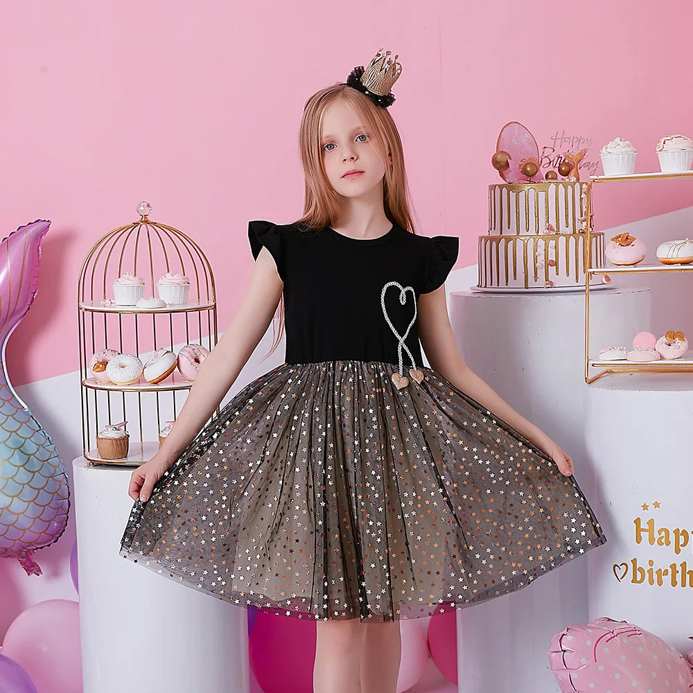 VIKITA Girls Prom Gown Birthday Party Performance Festival Elegant Sequins Princess Dresses Kids Flare Sleeve Mesh Tulle Dress