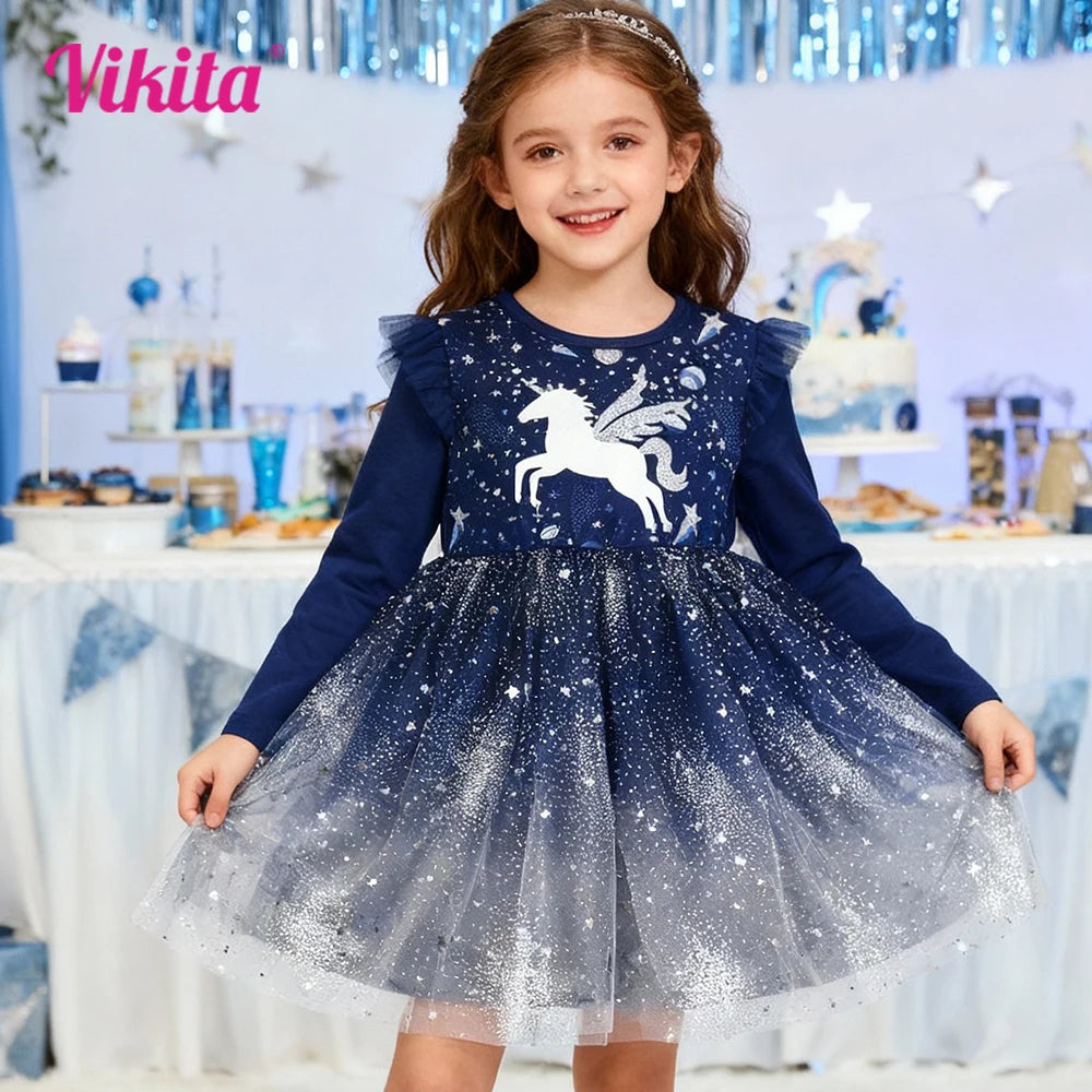 Girls Navy Blue Starry Glitter Elegant Tutu Dress Toddlers Kids Silver Unicorn Ruffled Shoulders Fantasy Party Princess Vestidos