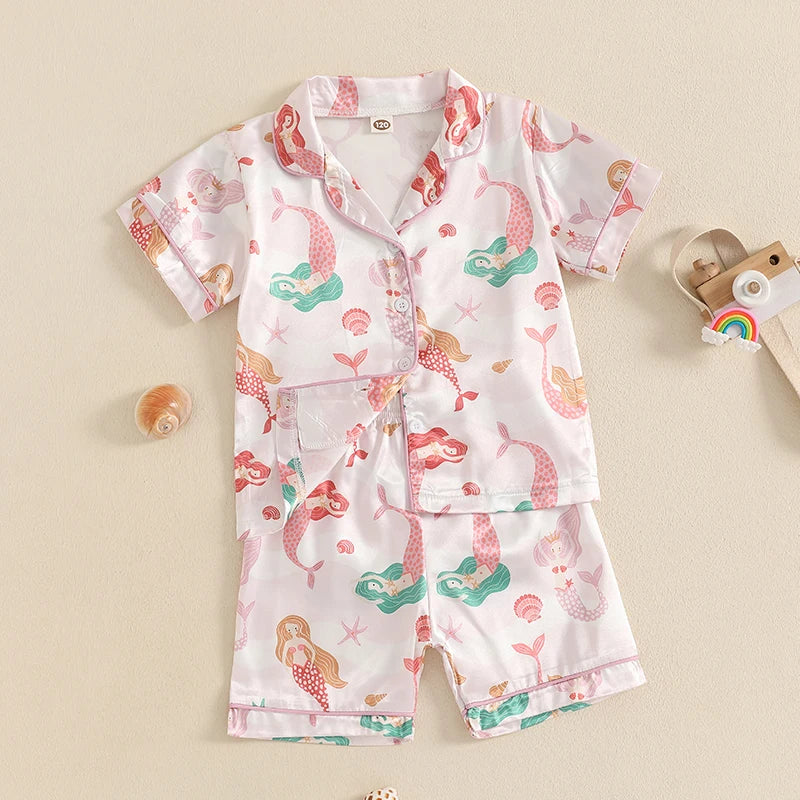 Girls Pajamas Set with Cute Unicorn Print and Matching Elastic Shorts for Comfortable Loungewear and Sleepwear
