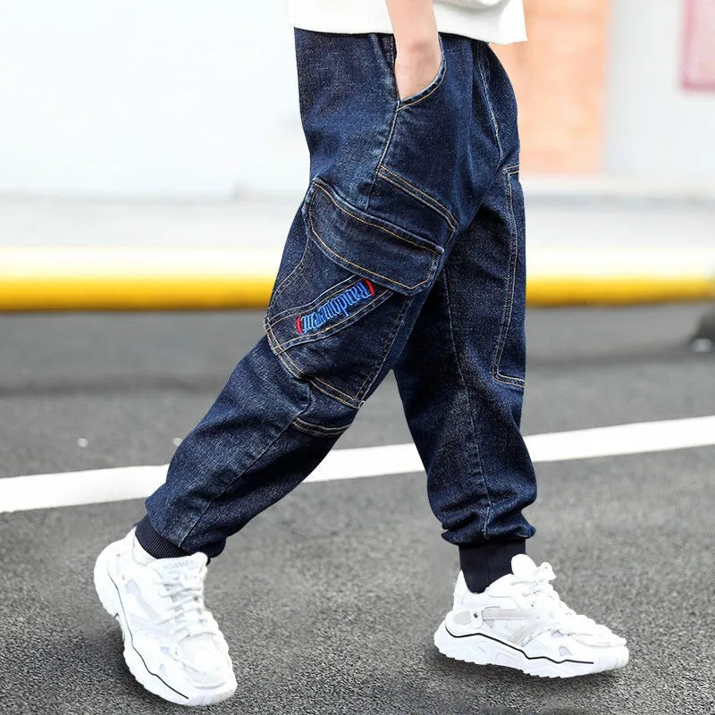 Autumn Winter Boys Fleece-Lined Cargo Pants/Korean Style Thickened Jeans for Toddler Boys