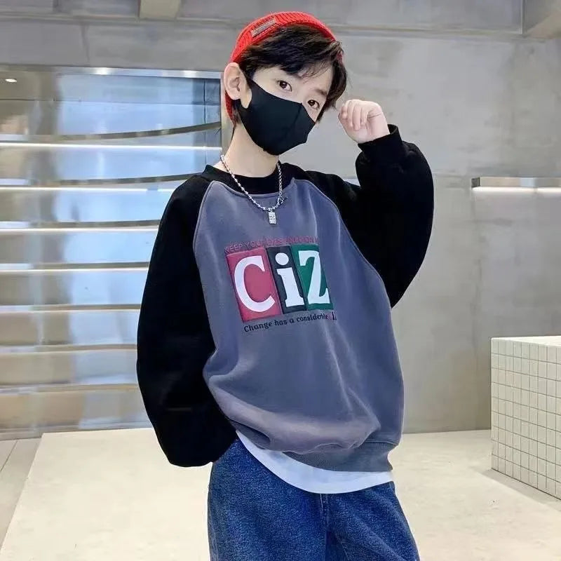 Boys' Medium-Large 2025 New Arrival No Hood Street-Style Korean Trendy Layering Top Kids Sweatshirt for Spring/Autumn