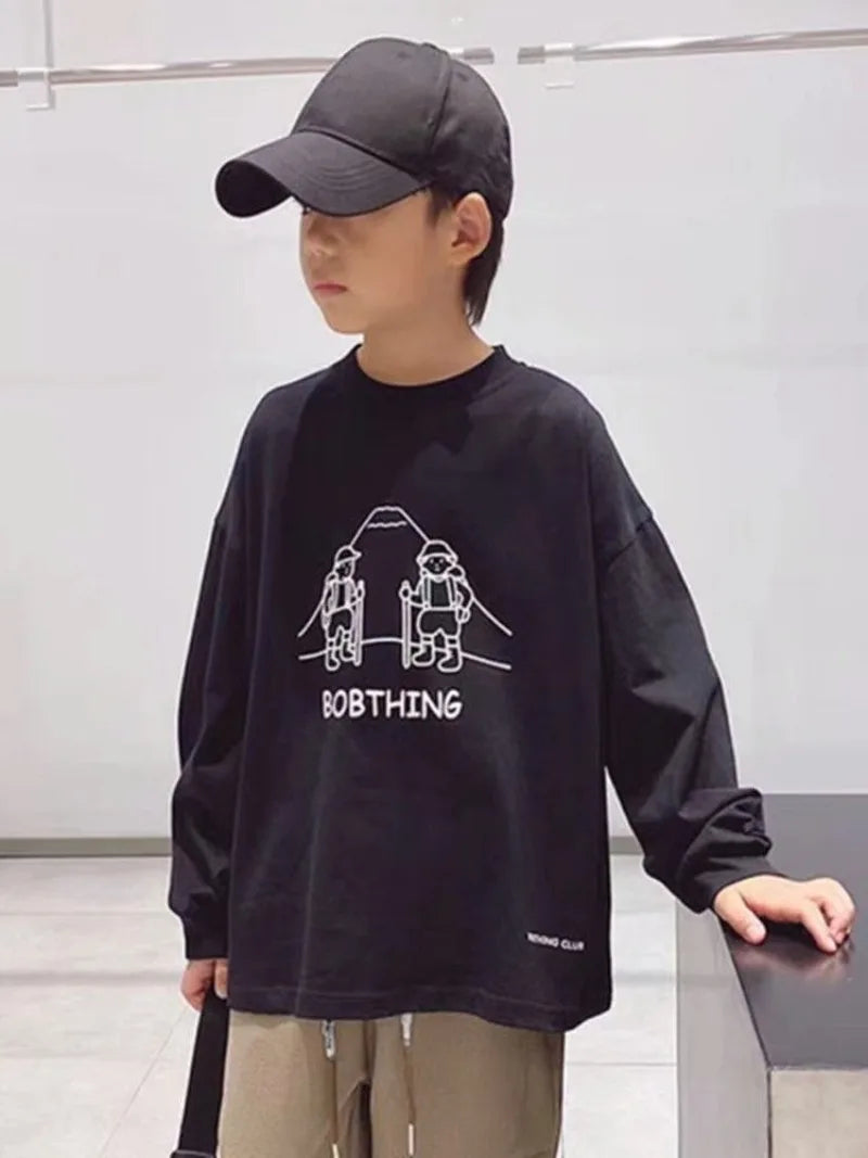 Cartoon Loose Top Kids Boys Clothes Tops Child T-shirt Children's Clothing 7 To 12 Years Spring Autumn Long Sleeve Oversized Boy