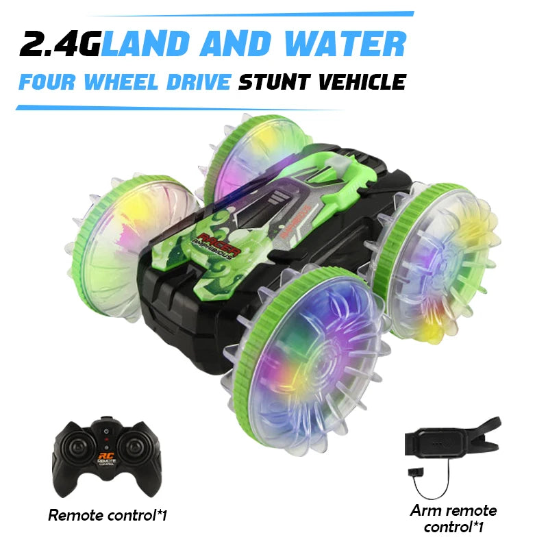 New LED Amphibious RC car Dual remote control waterproof stunt car double side flip drift drive 360 ° rotation rc cars Kids toy