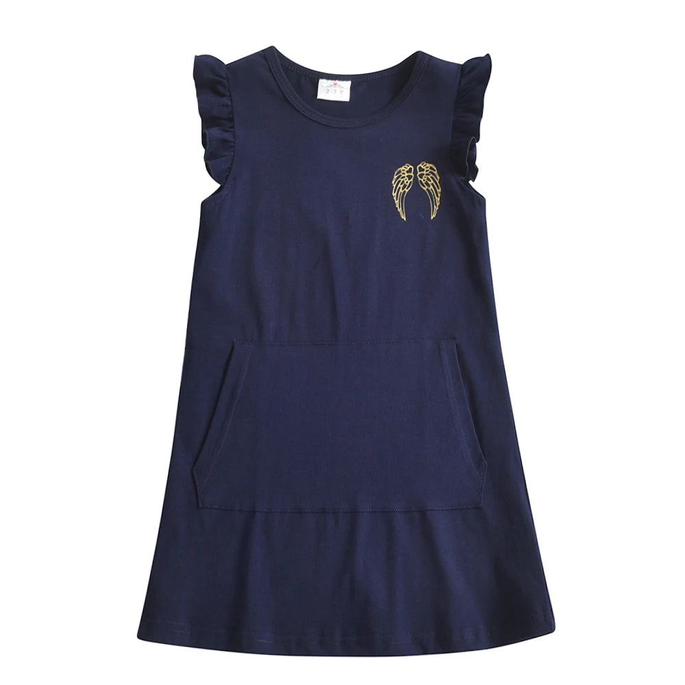 DXTON Kids Wing Sequined Dress Toddlers Flare Sleeve 100% Cotton Vestidos with Pockets Kids Unicorn Cartoon Casual Summer Wear