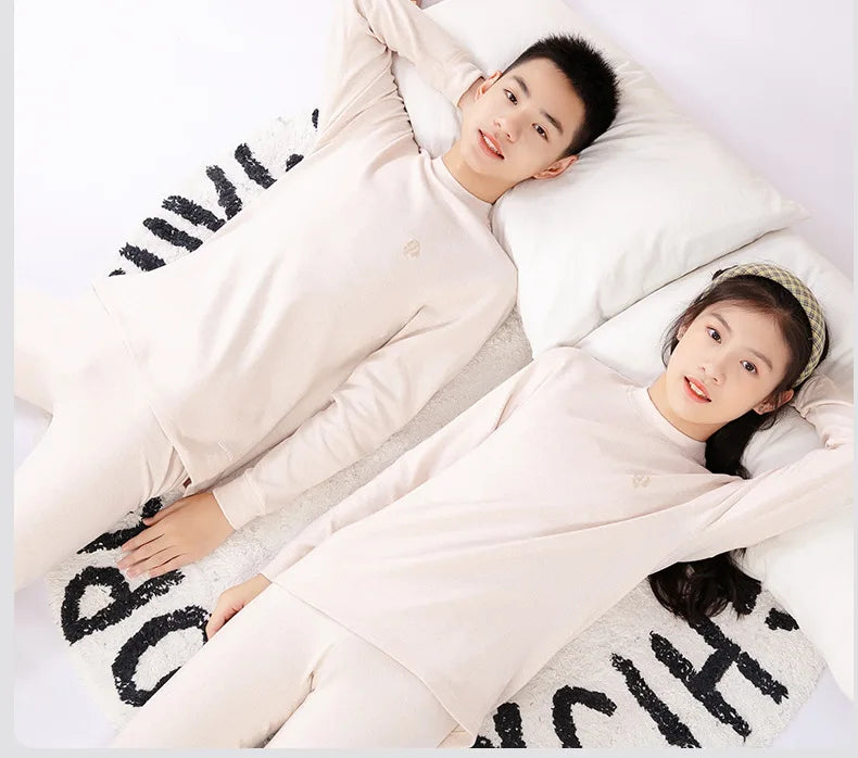 Thermal Underwear for Boys Cotton Thicken Warm Autumn Winter Teenage Children Underwears Set Solid Two Pieces Girls Clothing Set
