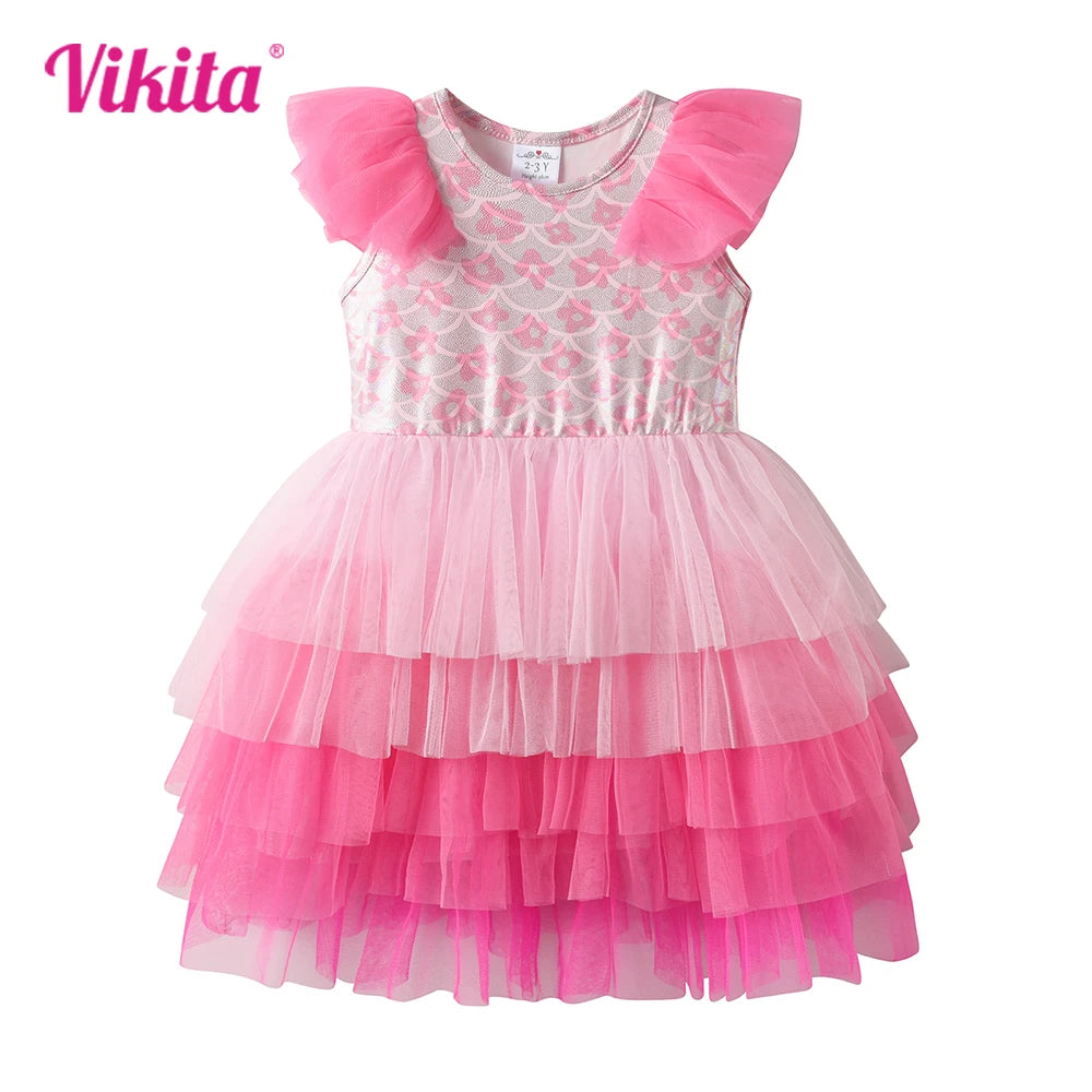 VIKITA Kids Pink Cute Princess Dress Kids Flare Sleeve Flower Print Summer Vestidos Kids Polyester Layered Cake Prom Gown Dress