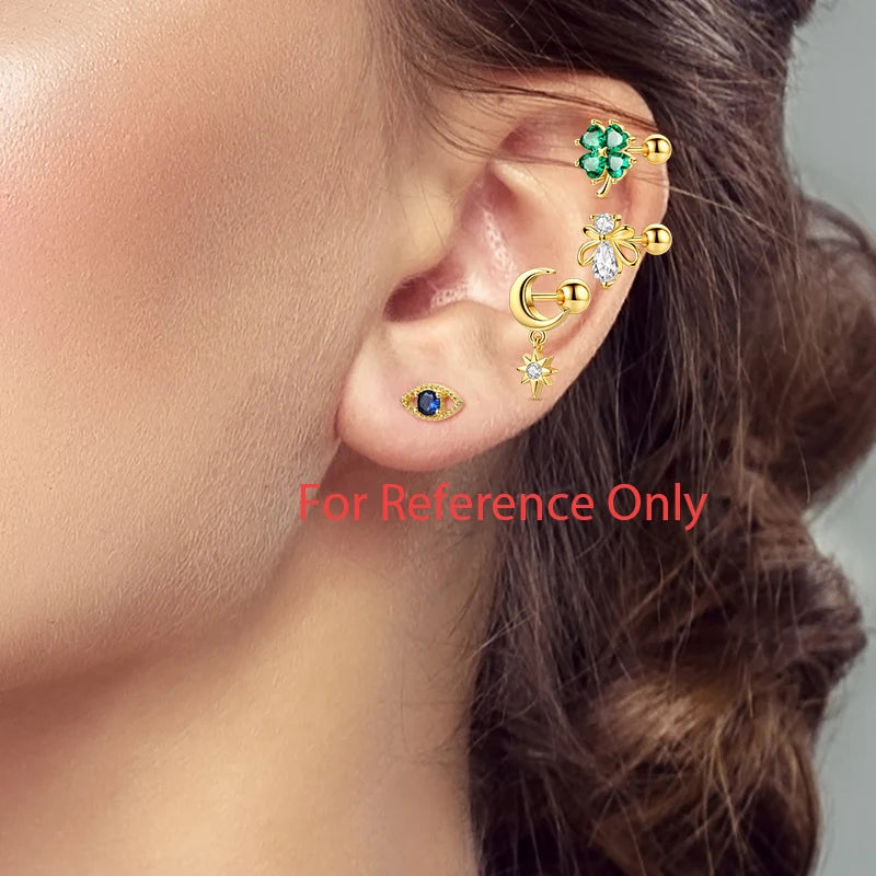 Fashion 925 Sterling Silver Plated Gold Clover Bowknot Butterfly Cartilage Puncture Spiral Bead Stud Earring For Women Ins Style