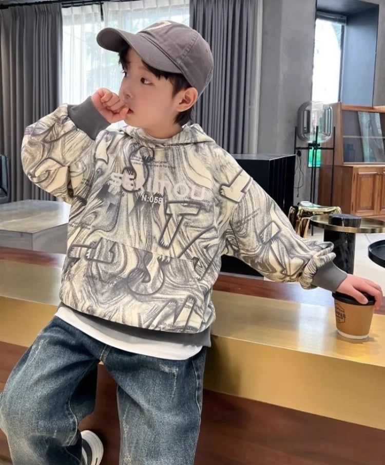 2025 New Boys' Mid-Large Spring-Autumn Trendy Brand Hooded Hoodie - Stylish Kids' Spring Wear Top
