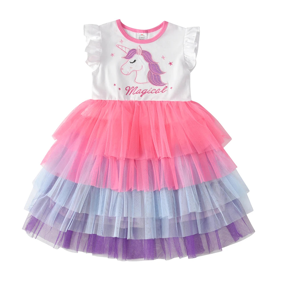 VIKITA Kids Sleeveless Dress Sequin Unicorn Rainbow Party Dress Layer Girls Tutu Dress Children Summer Casual Wear Kids Vestidos