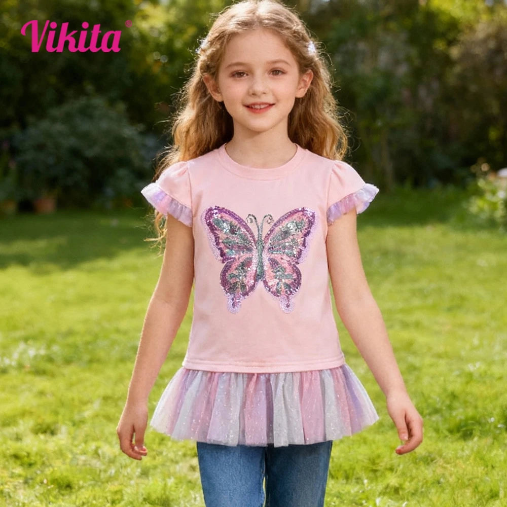 Girls Pink Flare Sleeve T Shirt Kids Sequined Colorful Butterfly Appliqued Ruffle Tees Kids Parties Casual Outings Cotton Tops